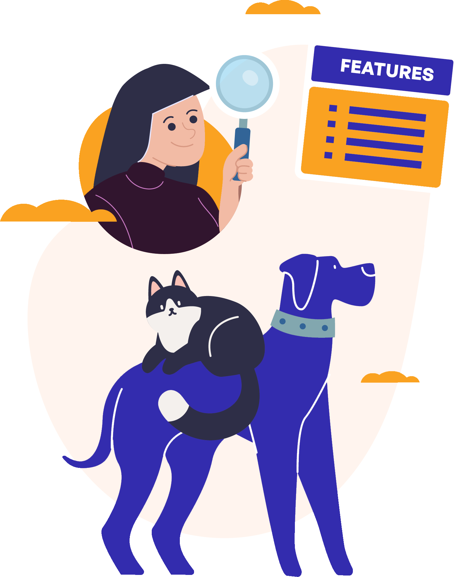 graphic of a woman with a magnifying glass, a cat and a dog, and a list saying features